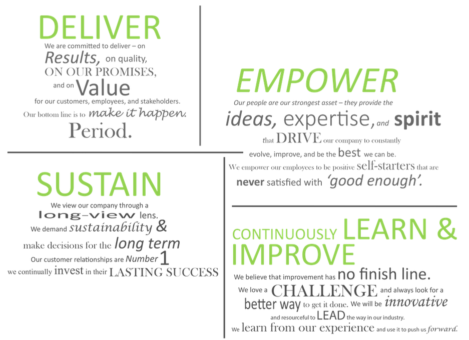 DSM's core values are: Deliver on our promises, empower our people, sustain long-term relationships, and continuously improve.