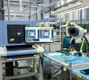 Automated optical inspection (AOI) equipment at Dynamic Source Manufacturing Inc. used to verify PCB assembly quality, improve reliability, and support advanced electronics manufacturing services.