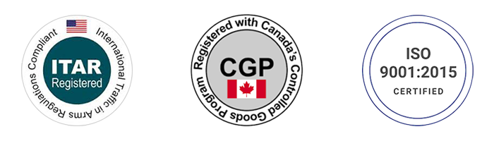 Three certification logos: ITAR Registered, CGP Canada Controlled Goods, ISO 9001:2015 certified badge.