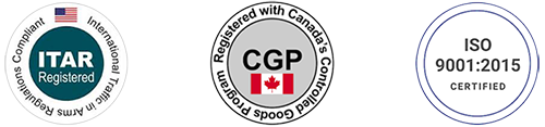 Three certification logos: ITAR Registered, CGP Canada Controlled Goods, ISO 9001:2015 certified badge.