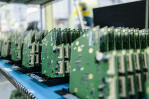 Printed circuit boards moving through an automated electronics manufacturing production line