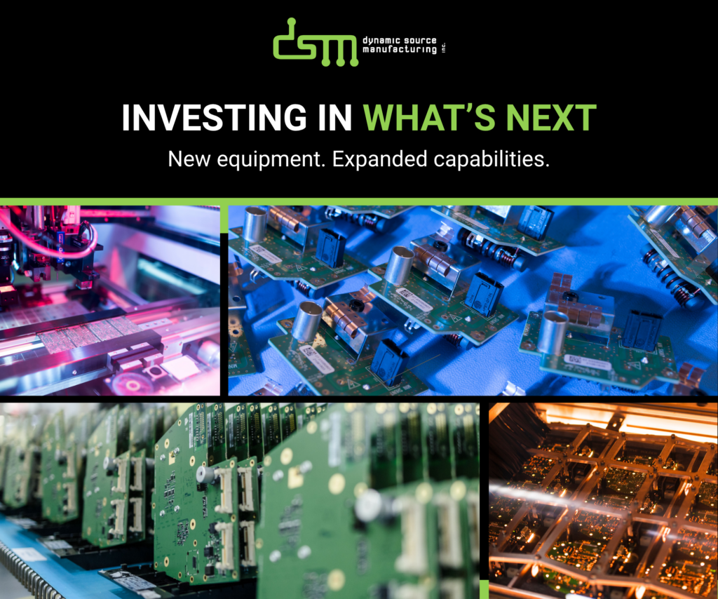 Advanced electronics manufacturing equipment and automation on the DSM Calgary production floor.